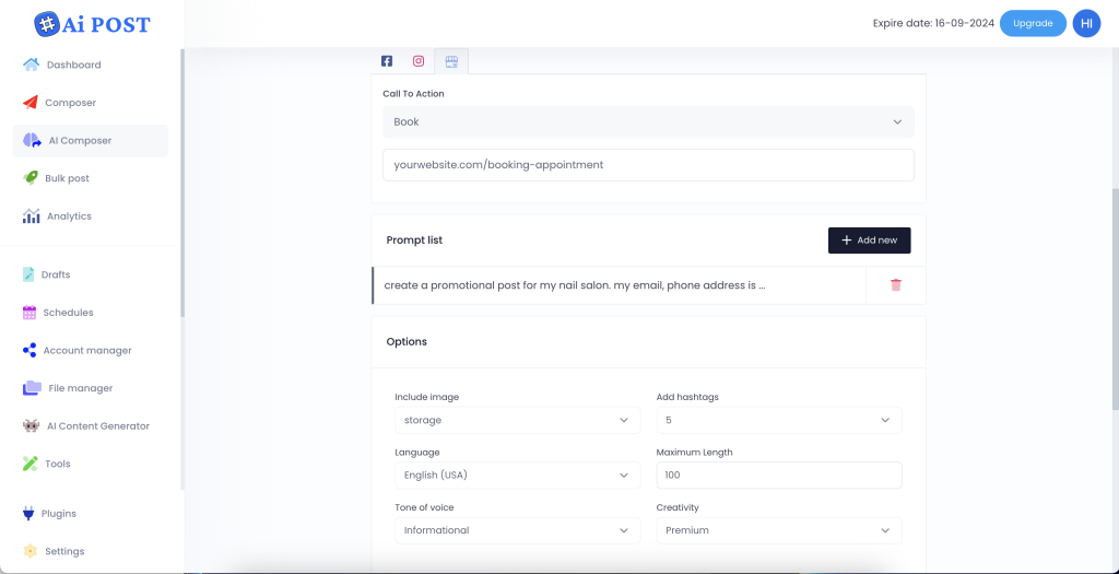 Ai Composer | Schedule social media post automatically